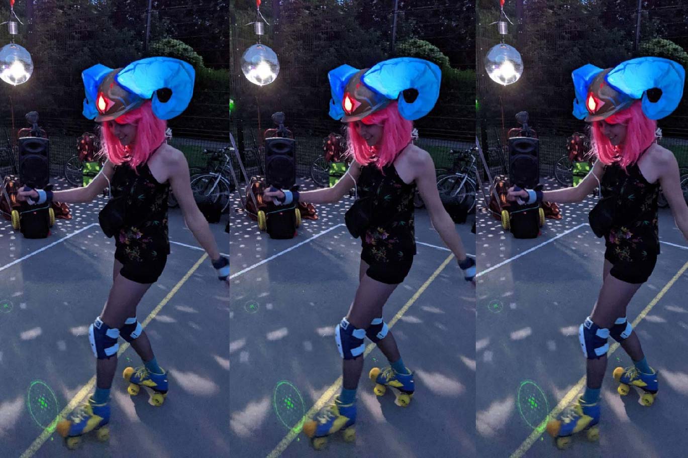 Photo of me wearing horn helmet at roller disco